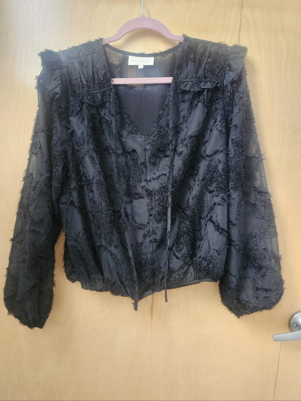 MELLODAY Black Sheer Top with Pink Trim